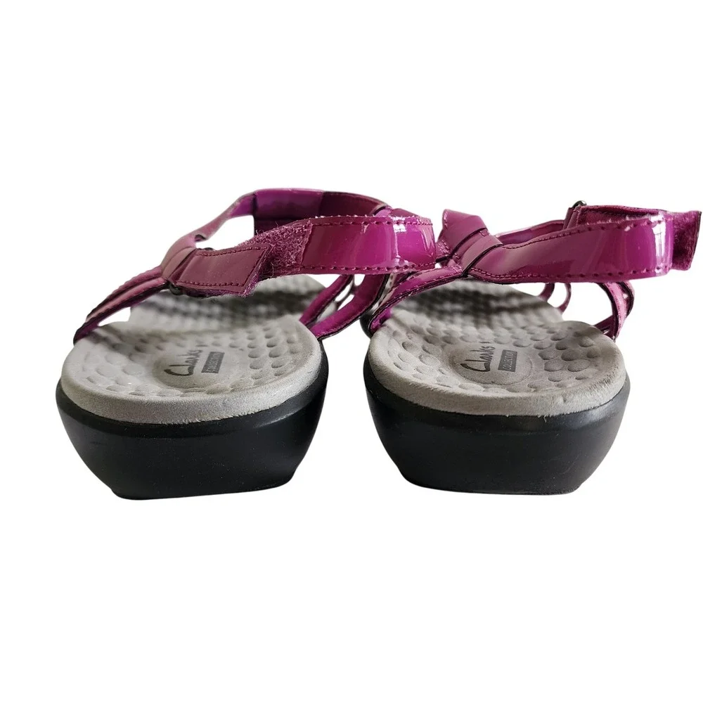 Clarks Womens Sonar Aster Sandals Size 10W Magenta Purple Leather Strappy Wedge